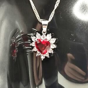 925 Sterling Silver Necklace w/ Heart Pendant Synthetic Ruby & Diamond Valentine